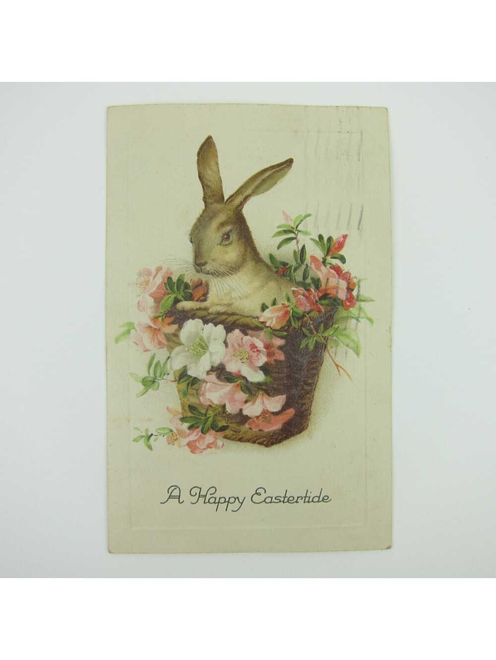 Easter Postcard Bunny Rabbit in Basket White & Pink Flowers Antique 1926
